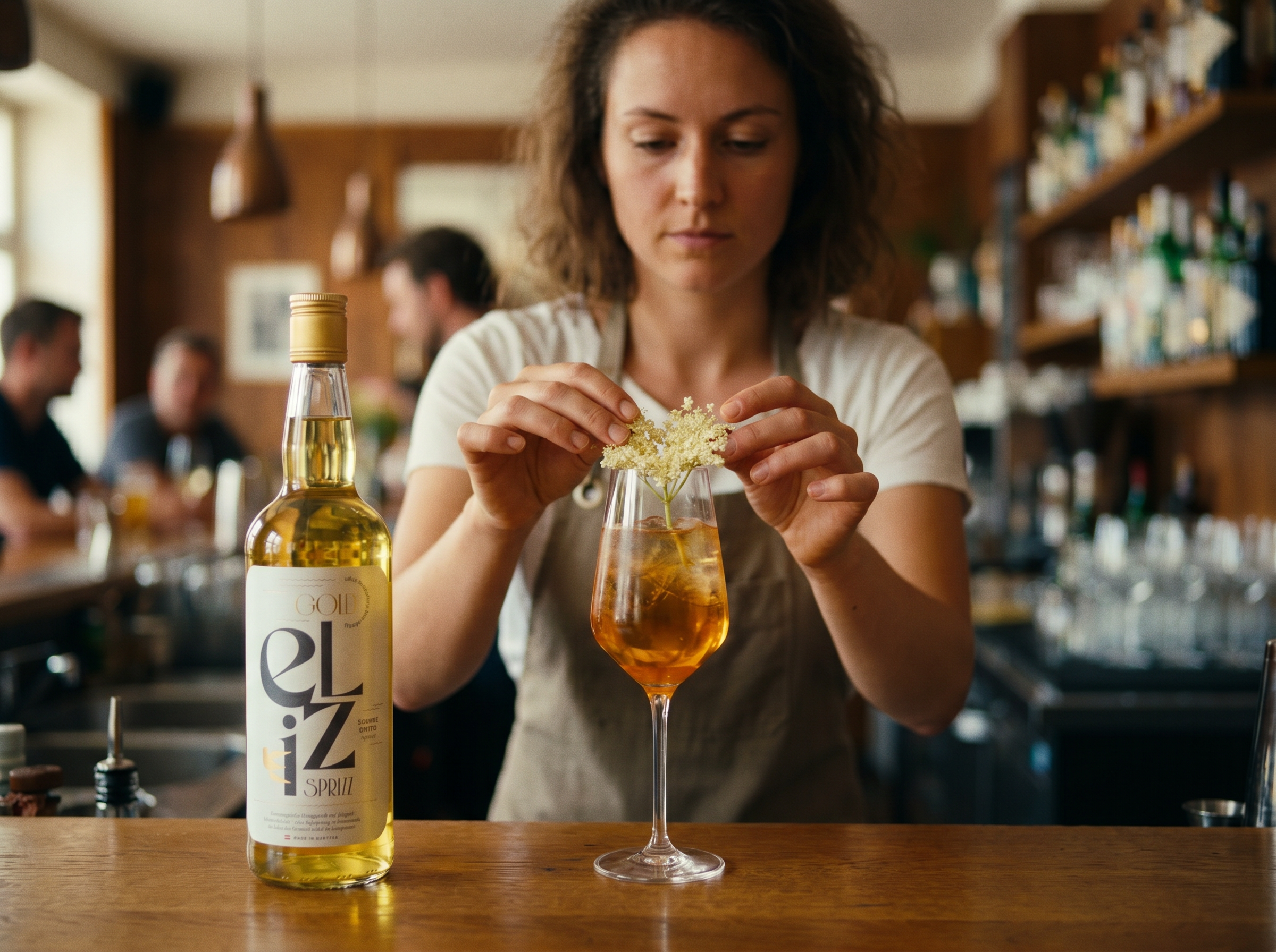 Bartenderin bereitet einen Eliz Sprizz vor.