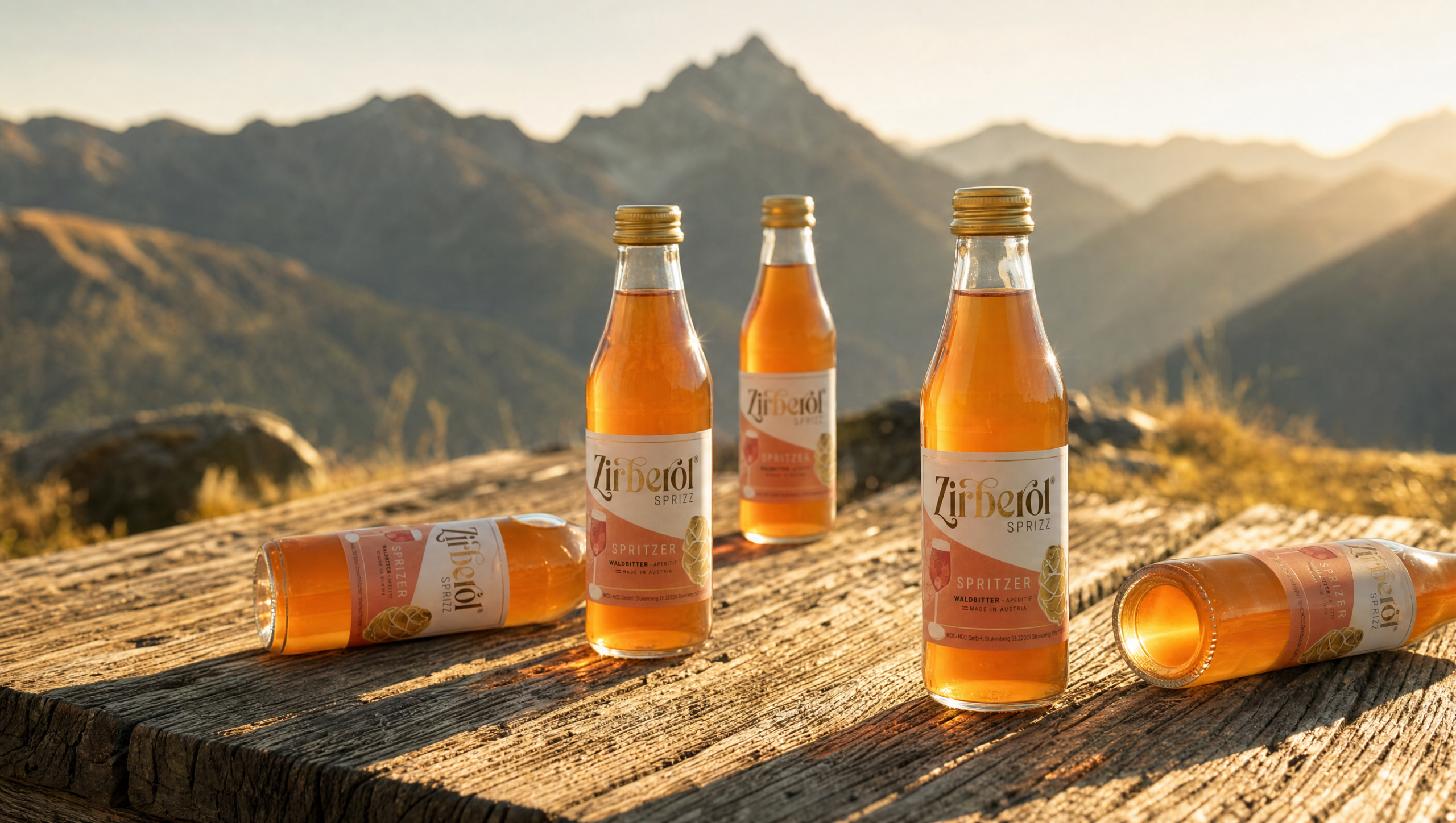 Mehrere kleine Glasflaschen Zirberol-Spritzer auf einem rustikalen Holztisch vor einem alpinen Bergsee bei goldenem Abendlicht