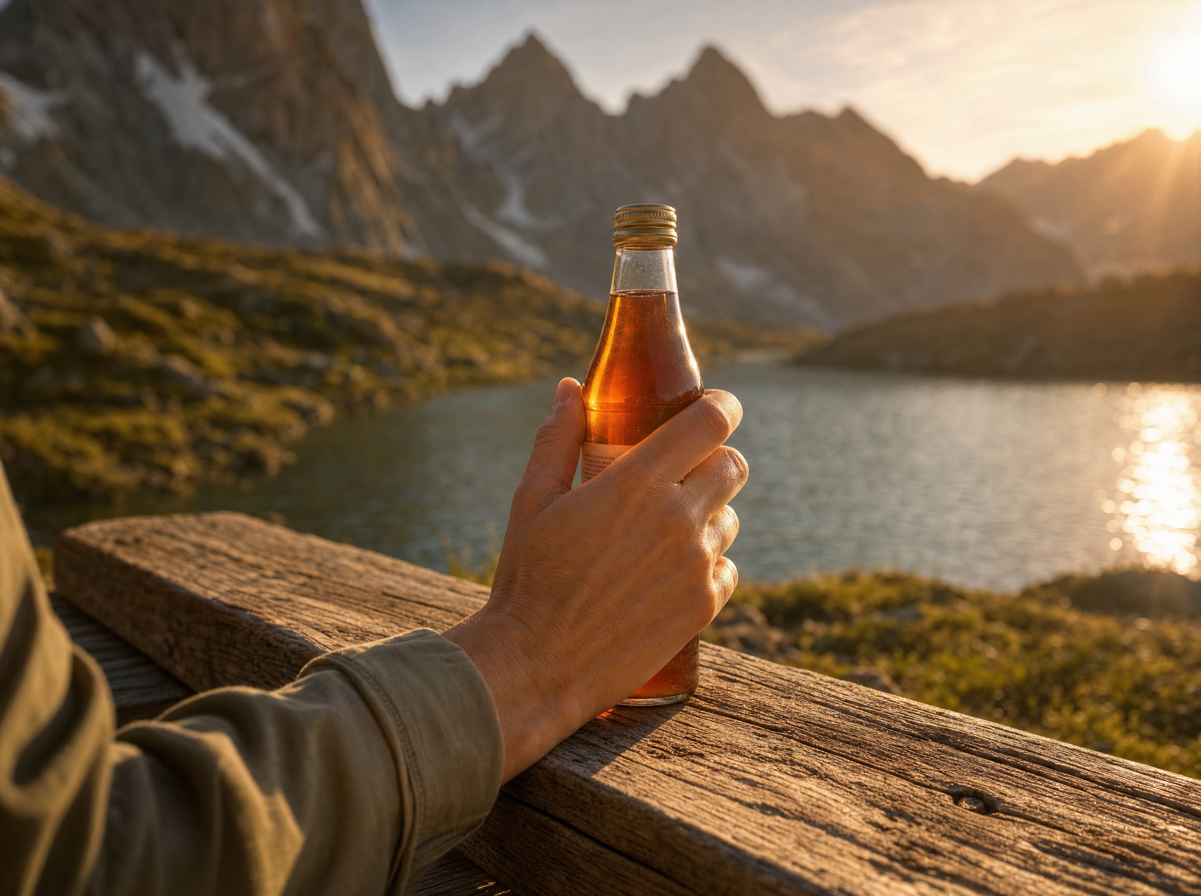 Eine Hand hält eine kleine 0,25-Liter-Glasflasche an einem Bergsee bei warmem Abendlicht