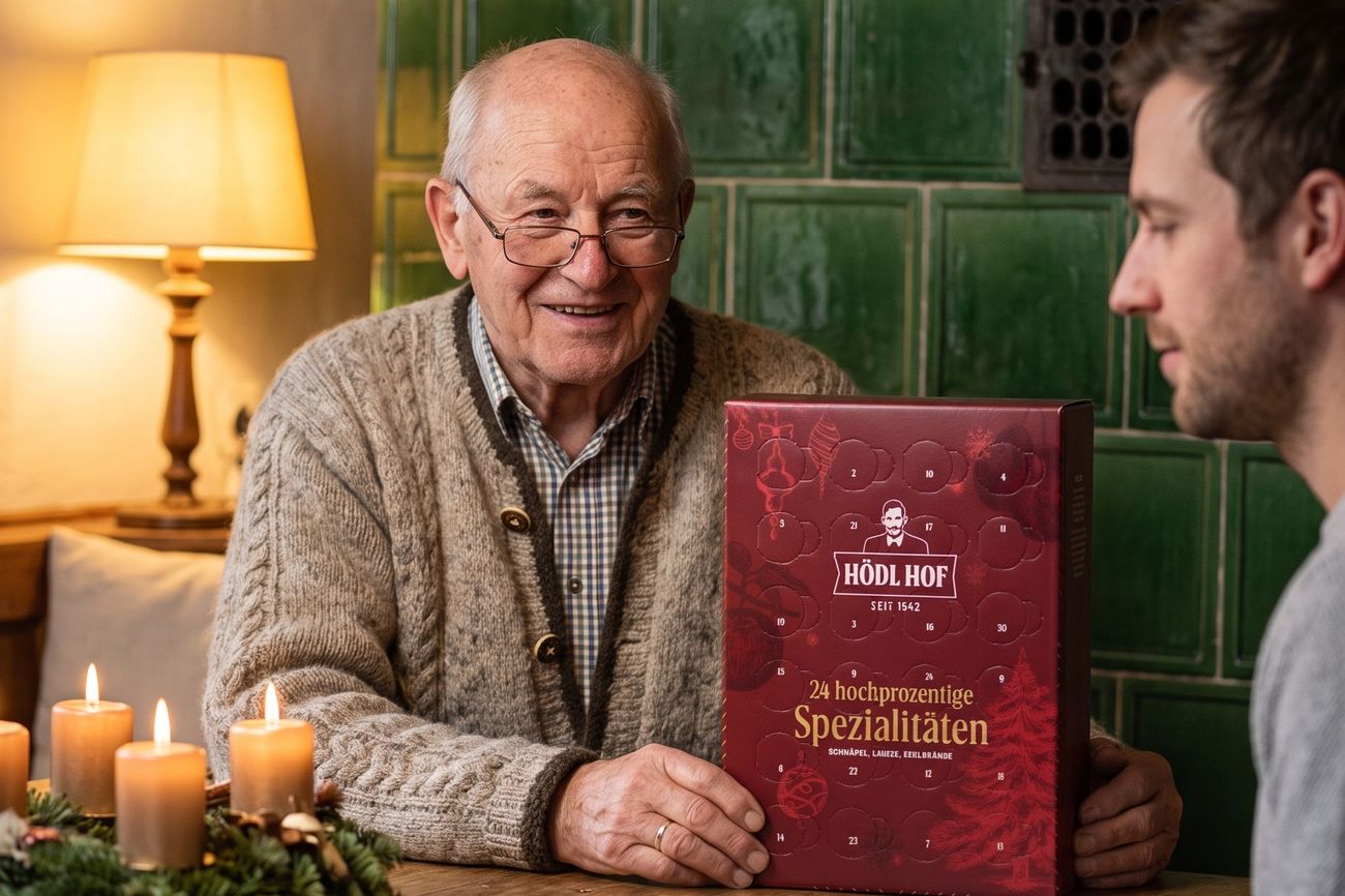 Ein Großvater sitzt am Tisch neben einem grünen Kachelofen und hält den Adventkalender, neben ihm sein erwachsener Enkel.