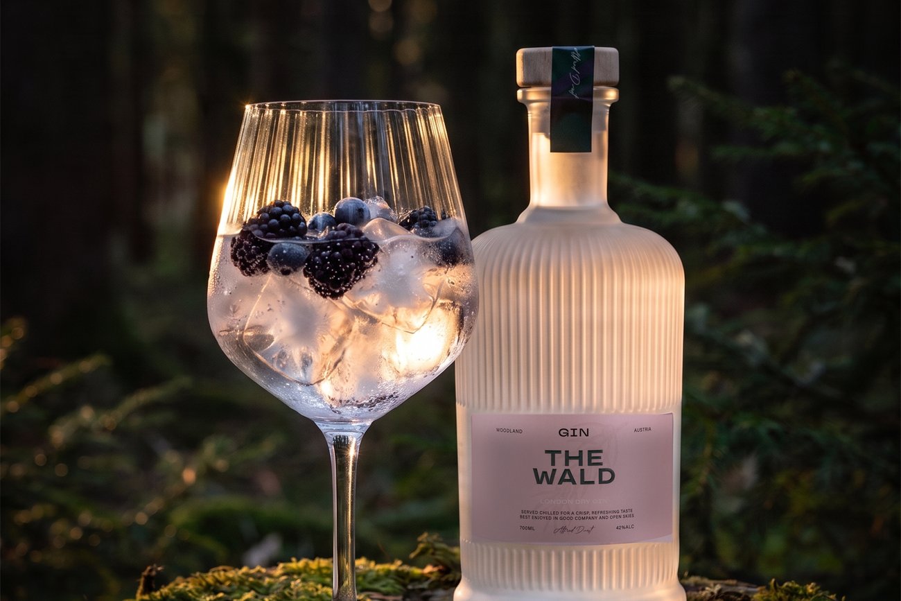 Gin Tonic mit Brombeeren im gerippten Ginglas neben der Flasche The Wald im Abendlicht