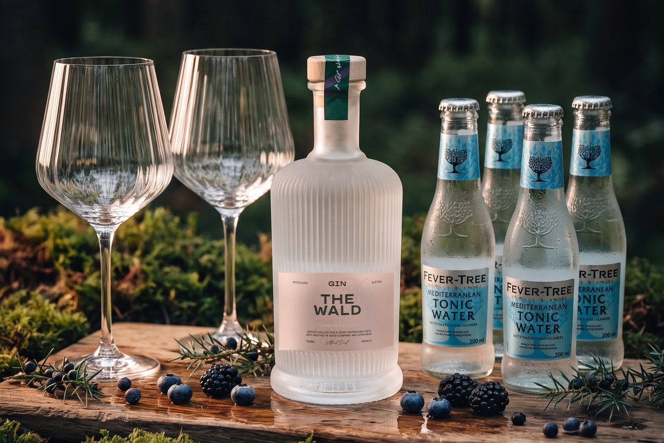 The Wald G&T-Set mit Gin, sechs Flaschen Tonic und zwei gerippten Gläsern auf einem Holzbrett im Wald