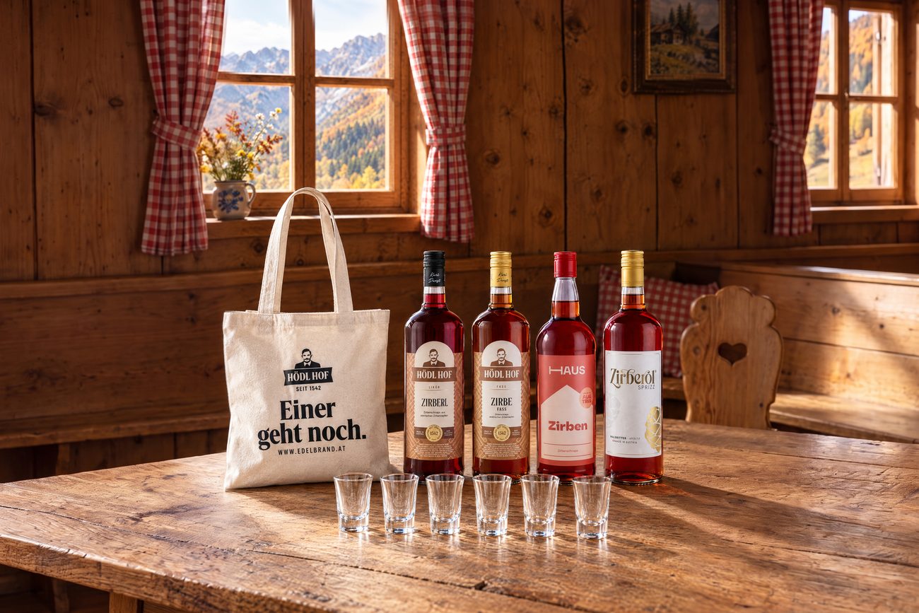 Vier Zirben für einen Abend: das Premium-Set der Brennerei Hödl Hof mit sechs Stamperl und Stofftasche auf dem Stubentisch.
