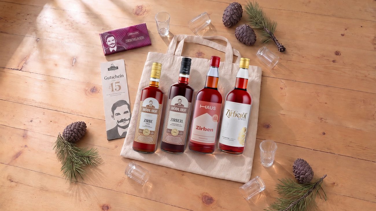Alles, was im Premium-Set steckt: vier Zirben, sechs Stamperl, Zirben-Schokolade, Stofftasche und 15-€-Gutschein.